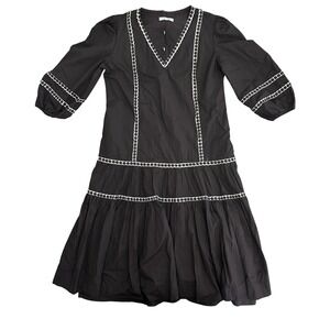 Donna Bella Tiered Midi Dress Women XL Black White Geometric Trim Puff Sleeve